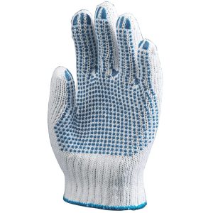   Kötött pes/pamut fehér férfi kesztyű, tenyerén kékpettyek