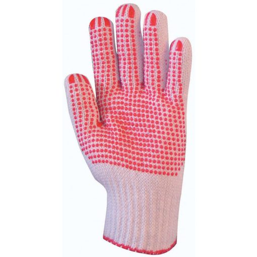 Kötött pes/pamut fehér kesztyű, két oldalon piros pettyek